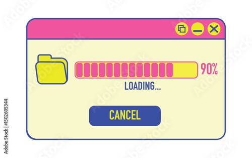 A vibrant set of retro-style user interface icons and window illustrations featuring file folders, loading bars, error messages, and media controls. Designed with playful colors such