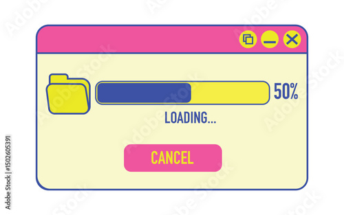 A vibrant set of retro-style user interface icons and window illustrations featuring file folders, loading bars, error messages, and media controls. Designed with playful colors such