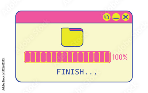 A vibrant set of retro-style user interface icons and window illustrations featuring file folders, loading bars, error messages, and media controls. Designed with playful colors such