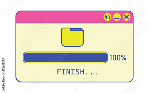 A vibrant set of retro-style user interface icons and window illustrations featuring file folders, loading bars, error messages, and media controls. Designed with playful colors such