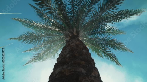 Cinematic upward tracking shot of tropical palm tree in Casamance, Senegal with moody smoke and misty atmosphere, showing trunk and leaves in lush humid West African jungle