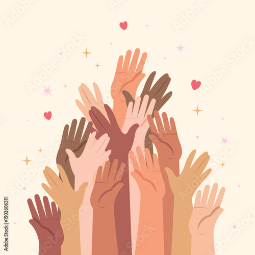 Illustration of hands raised up together, Group of human hands different skin colors. Community and support concept.