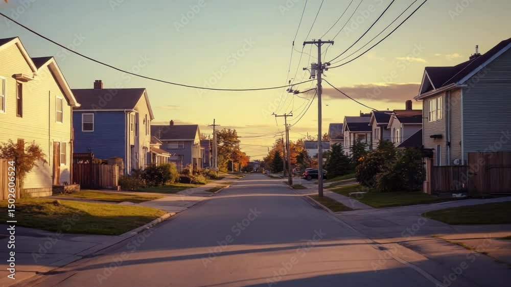 Golden Hour Serenity: A Peaceful Suburban Street at Sunset with Warm Tones Golden Hour Serenity: A Peaceful Suburban Street at Sunset with Warm Tones