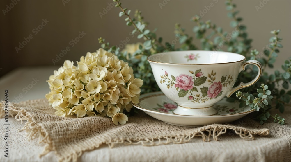 Fototapeta premium Vintage teacup with roses and hydrangea on linen cloth
