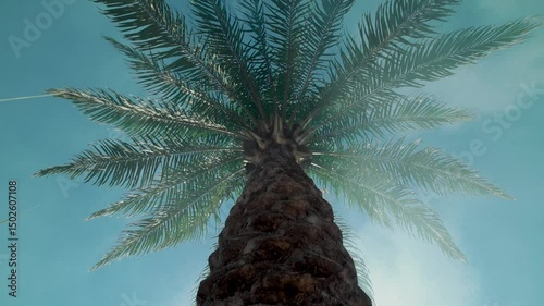 Cinematic upward tracking shot of tropical palm tree in Casamance, Senegal with moody smoke and misty atmosphere, showing trunk and leaves in lush humid West African jungle
