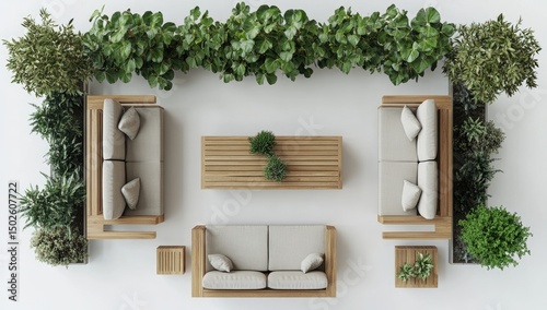 Top-down view of a light-colored wooden outdoor furniture set surrounded by lush green plants in planters