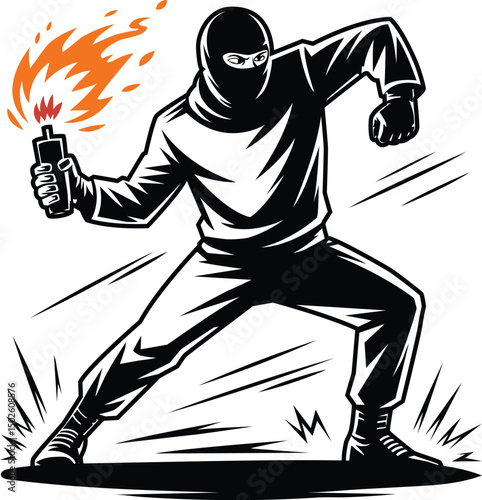 A man swings a Molotov cocktail in a throwing motion. Vector illustration on the theme resistance confrontation revolution. In vector art style