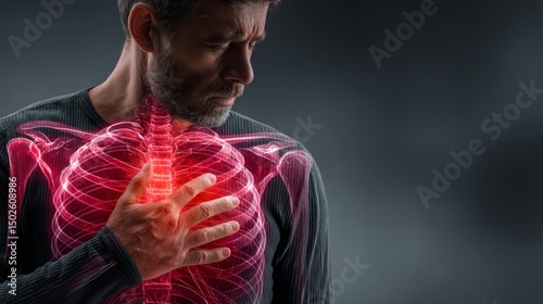 Photorealistic Male Patient Sitting Upright with Chest Pain Highlighting Internal Anatomy