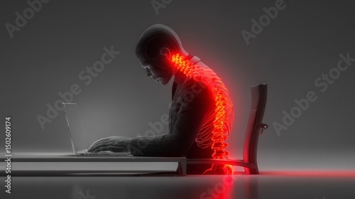 Realistic Office Worker at Desk with Highlighted Spine in a Modern Workplace Setting