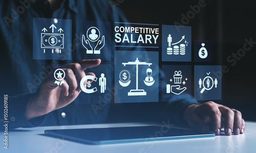 Businessman interacting with digital icons representing competitive salary and employee benefits on a futuristic interface in dark environment.