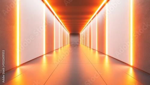 Empty, futuristic corridor with bright orange neon light photo