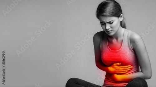 Photorealistic Woman Seated Upright with Hands on Stomach Depicting Discomfort and Pain
