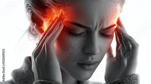 Woman Experiencing Headache with Hands Pressed Against Her Forehead in Photorealistic Style