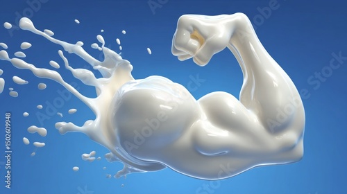 Surreal 3D Splash of Milk Forming a Muscular Human Arm Against a Bright Blue Background