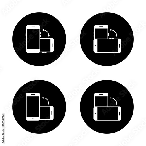 Auto rotate mobile phone icon set on black circle. Smartphone rotation sign symbol