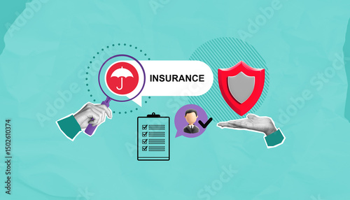 Insurance concept with icons of shield, checklist, magnifying glass and hands on blue background in collage graphic style.