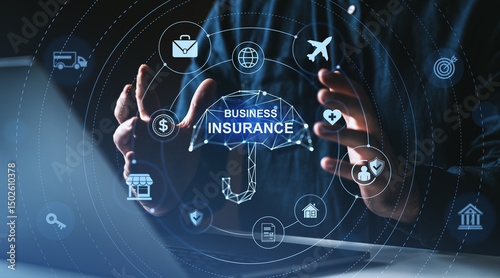Business insurance concept with glowing umbrella and icons representing financial and commercial protection in modern digital interface on dark background.