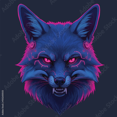 A neon-glowing fox head with cyberpunk-style augmentations stares fiercely with pink eyes against a dark background.
