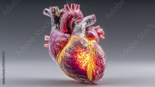 Detailed Rendering of a Human Heart Showcasing Anatomical Features and Internal Structures