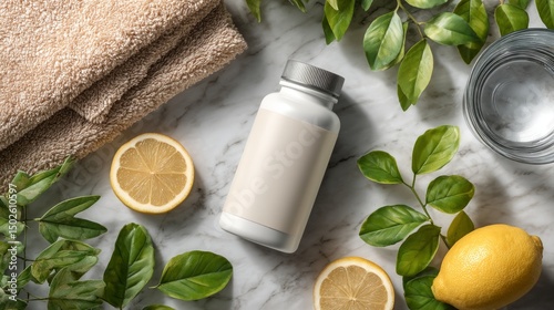 Clean Flat Lay of Health Supplement Bottle Surrounded by Fresh Ingredients and Textures