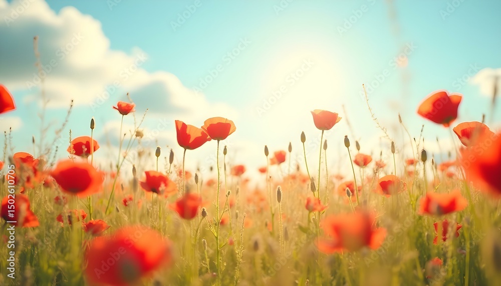 Naklejka premium field of red poppies and blue sky