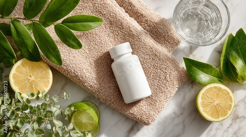 Clean Flat Lay of Health Supplements with Fresh Ingredients on Marble Background