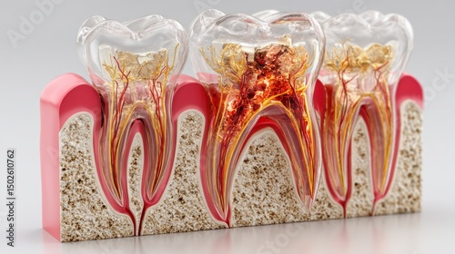 Detailed 3D Cross Section of Human Jaw Highlighting Tooth Structure and Inner Anatomy