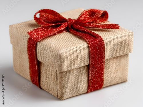 A beautifully wrapped beige gift box with a vibrant red ribbon bow sits perfectly on a plain white background.