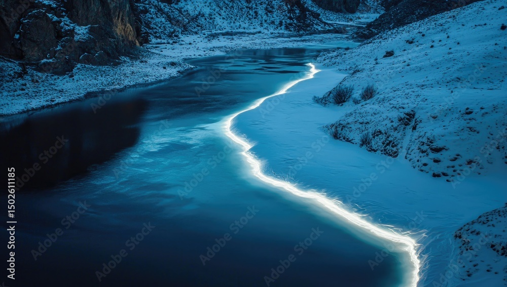 Fototapeta premium Frozen river, icy glow, winter landscape