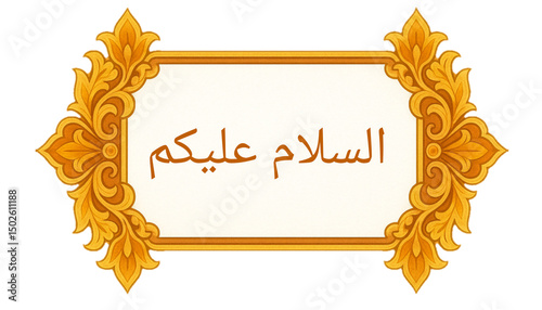 Assalamu Alaikum Arabic Calligraphy Greeting in Elegant Golden Frame. Islamic Art Design for Peace and Blessings