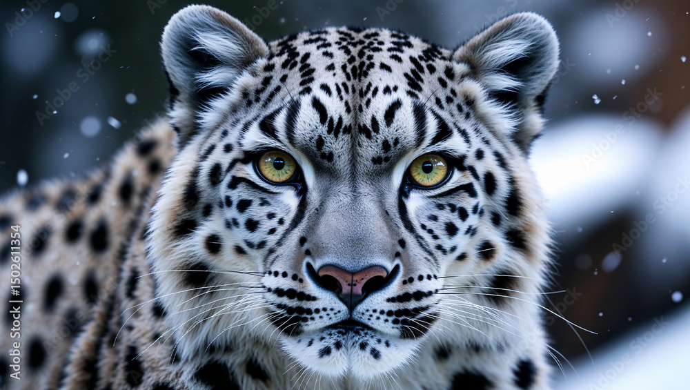 Fototapeta premium Snow leopard staring with intense gaze during snowfall