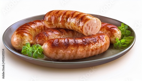 Grilled German pork sausages, Thuringer Rostbratwurst, close-up, isolated on white background fresh