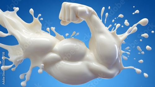 Hyper-Realistic 3D Rendering of Muscular Human Arm with Milk Splash on Vibrant Blue Background