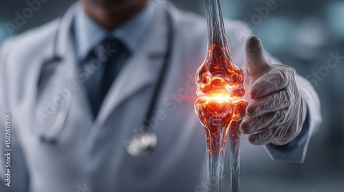 Male Doctor in Scrubs Holding a Realistic Glowing Medical Joint Model for Patient Education