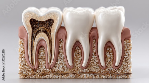 Realistic 3D Cross Section of an Adult Jaw with Detailed Teeth and Root Structures