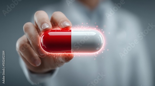 Clinician Presenting a Photorealistic Red and White Capsule with a Soft Glow Effect