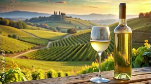 Summer evening time. Still life with white wine glass on wooden table over background of panoramic view of lush vineyards at sunset. Tasting, festivals, sophisticated lifestyle and winemaking concept