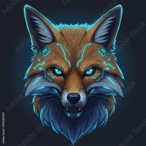 The image presents a vibrant and fierce-looking cybernetic fox with striking blue glowing circuit patterns set against a dark background.