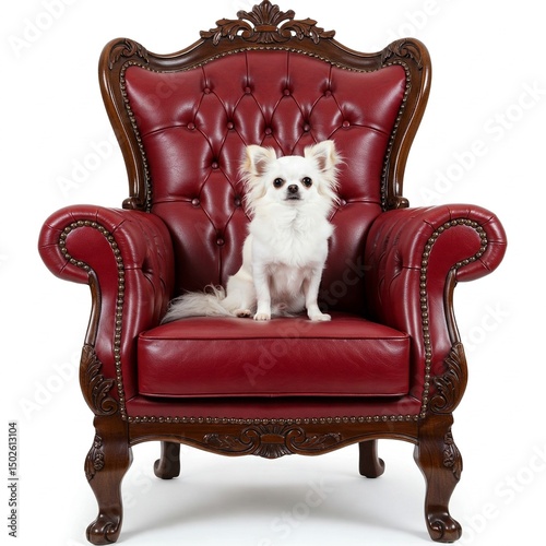 Ein Chihuahua sitzt fürstlich auf einem eleganten Sessel