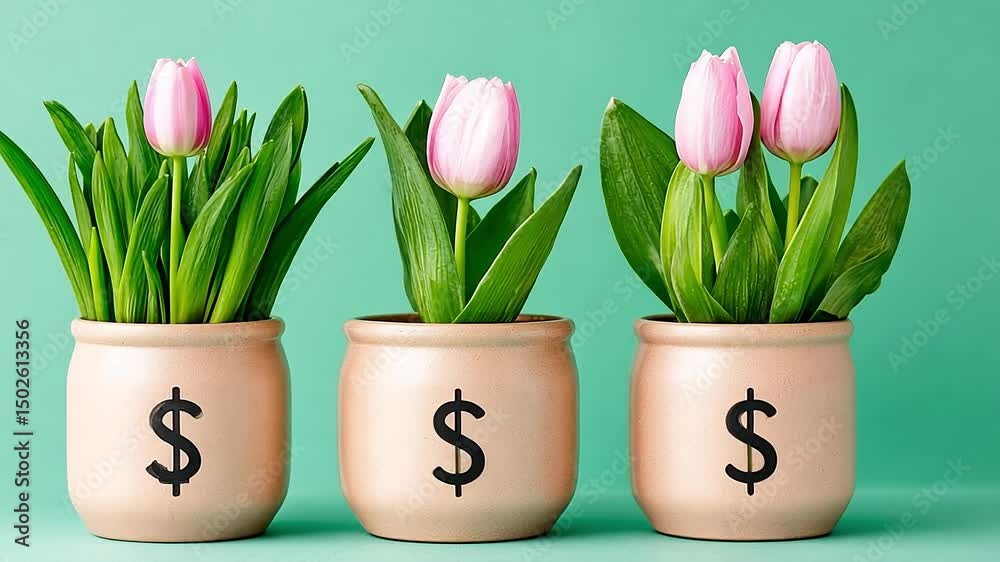 Three pink tulips in pots with dollar signs symbolize investment growth and financial success
