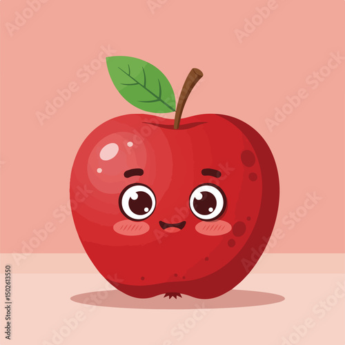 This charming cartoon image features a red apple with a cute face, bright eyes, and a smiling mouth, set against a soft, peach-colored background.