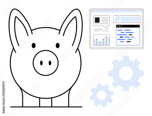 Piggy bank icon, gears, and screen interface with analytics financial planning, savings, technology, efficiency. Ideal for finance, budgeting, investment fintech data analysis technology simple