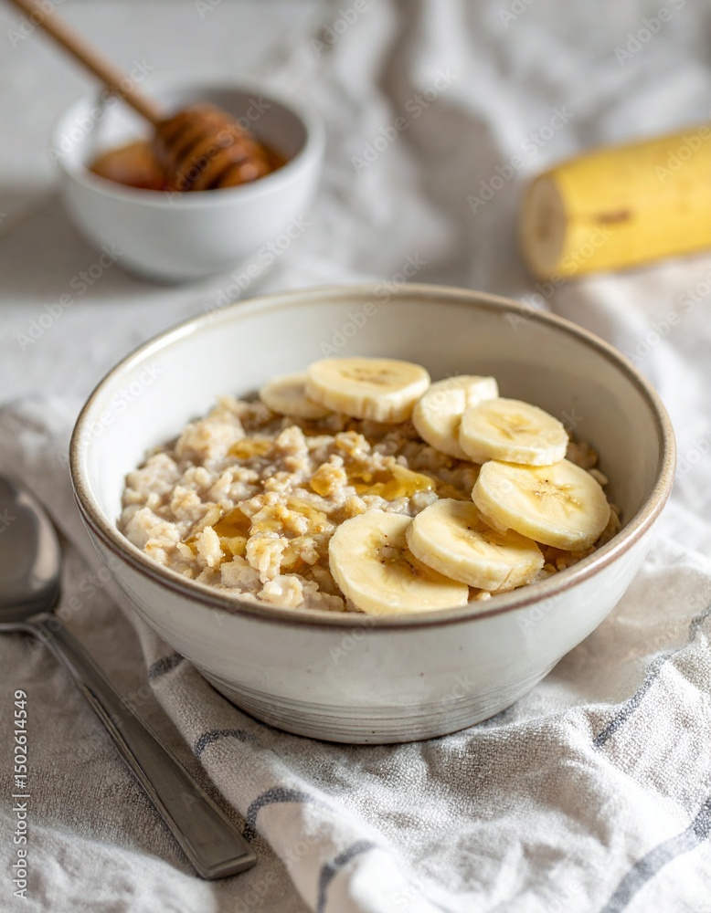 Warm Oatmeal Bowl with Sliced Bananas and Honey Drizzle on Cozy Linen Tablecloth Setting Warm Oatmeal Bowl with Sliced Bananas and Honey Drizzle on Cozy Linen Tablecloth Setting