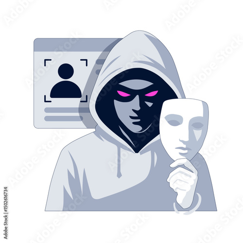 The scammer is holding a mask. Identity theft through digital impersonation and stolen profiles. Cybercriminal hides behind fake mask to exploit user information. Online fraud 