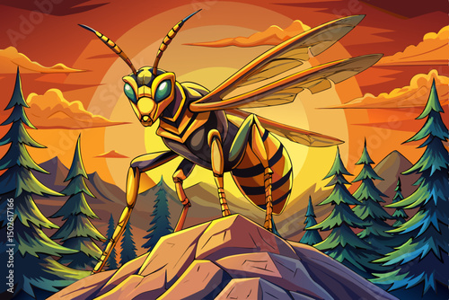 Close-up wasp portrait, forest background. Candid shot vector