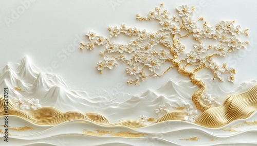 Ornate white relief, gold accents, cherry blossom tree, mountains