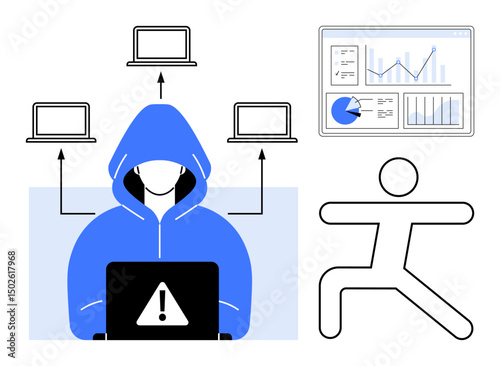 Hacker in hoodie using laptop with alert icon, devices interconnected via data streams, analytics dashboard, person icon. Ideal for cyber awareness, internet security, data breaches, online fraud