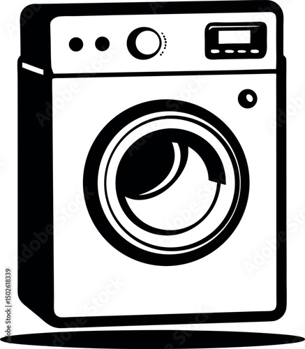 Black and white graphic illustration of a front load washing machine design vector 