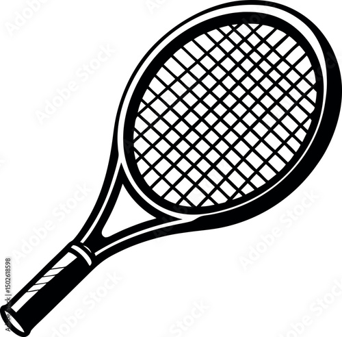 Black and white simple line drawing illustration of a tennis racket 