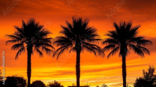 Three Silhouetted Palm Trees at Sunset Tropical Vibrant Orange Sky Scenic View